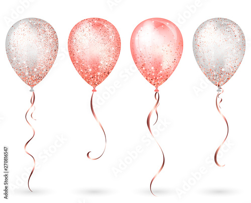 Flying glossy white and pink shiny realistic 3D helium balloons with gold ribbon and glitter sparkles, perfect decoration for birthday party brochures, invitation card or baby shower