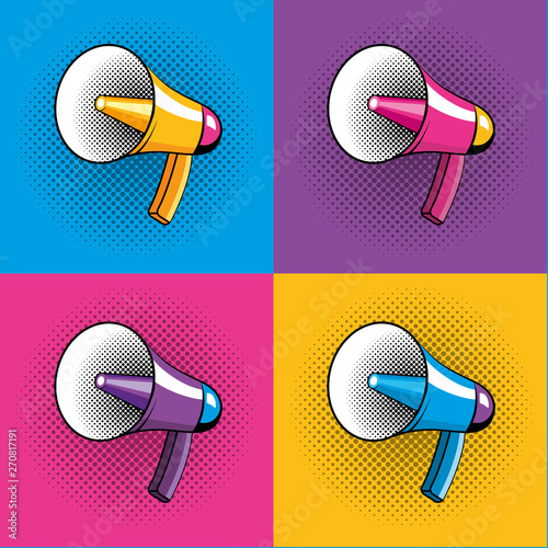 Pop art bullhorn cartoon on colorful frames