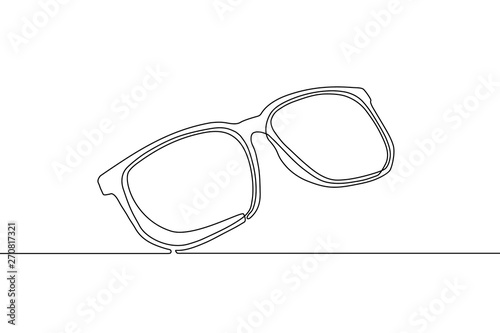 Single optical glasses or sunglasses with frame drawn in continuous one line style isolated on white background. Black contour. Self drawing