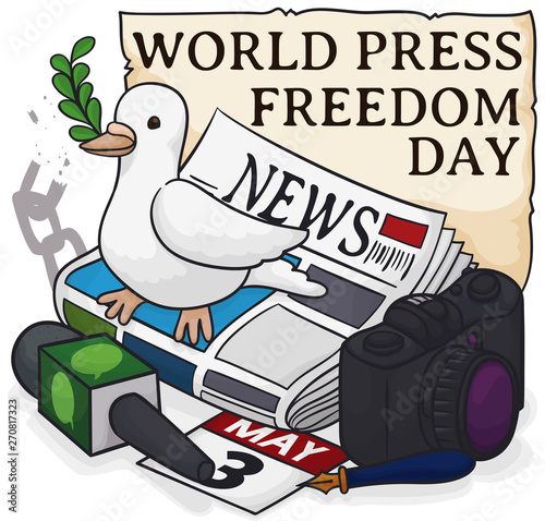 Cute Dove over Journalist s Elements for World Press Freedom Day  Vector Illustration