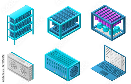 Mining farm bitcoin icons set. Isometric set of mining farm bitcoin vector icons for web design isolated on white background