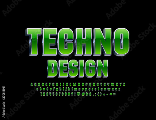 Vector green and metallic Alphabet for Techno Design. 3D modern Font. Set of Letters, Numbers and Symbols