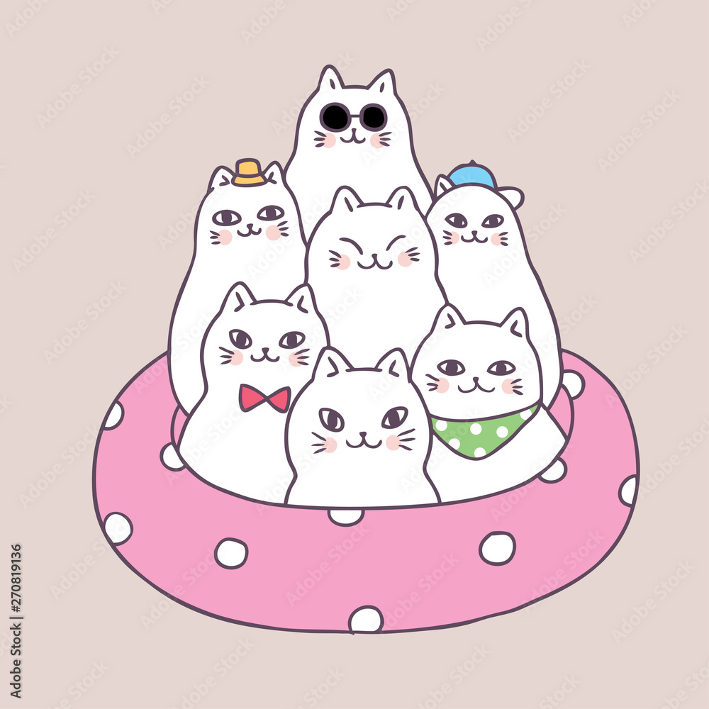 Fototapeta Cartoon cute summer cats and life ring vector.
