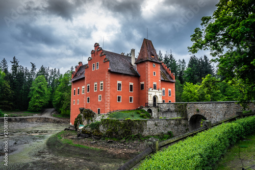 Cervena Lhota château. It stands at the middle of a lake on a rocky island. Its picturesque Renaissance building is a destination of thousands of tourists every year.