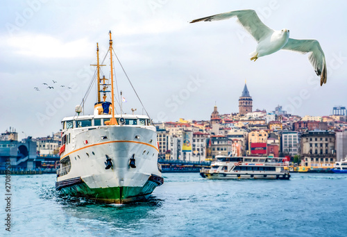Photography Muslim architecture and water transport in Turkey - Beautiful View touristic landmarks from sea voyage on Bosphorus