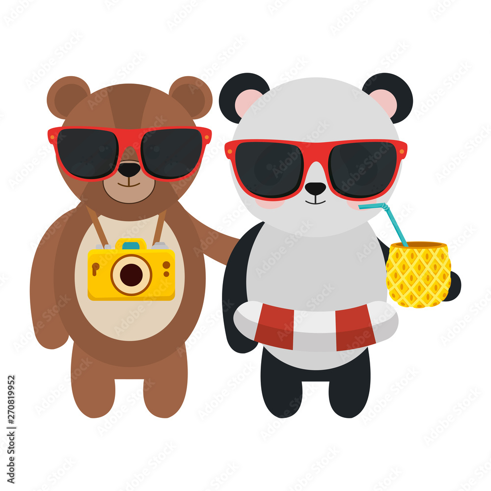 Obraz premium cute bears with camera and pineapple cocktail