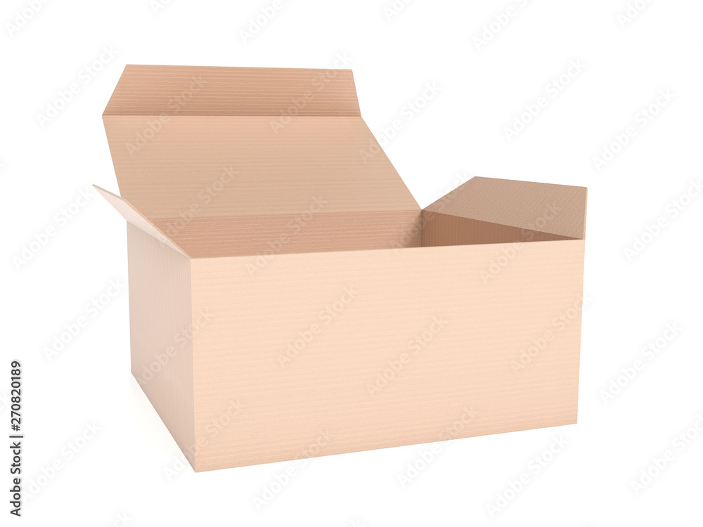 Open brown box mock up. 3d rendering illustration isolated Open brown box mock up. 3d rendering illustration isolated