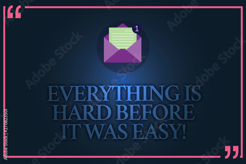 Conceptual hand writing showing Everything Is Hard Before It Was Easy. Business photo text First steps are harder Inspiration Open Envelope with Paper Email Message inside Quotation Mark