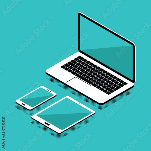 Web development and coding. Cross platform development website. Adaptive empty screen laptop, tablet and phone. Isometric concept . Cloud technology storage. Isometric devices set
