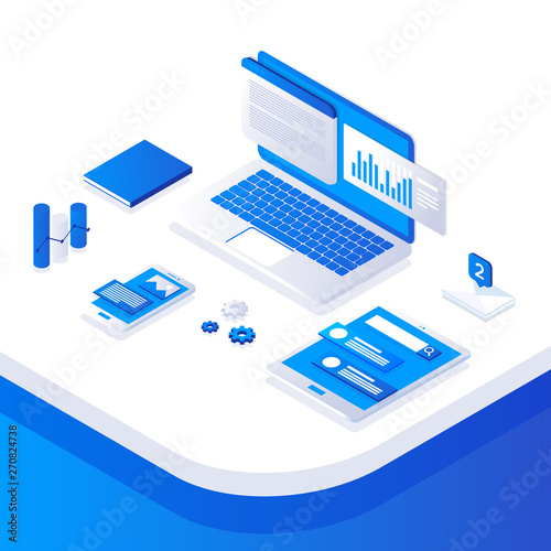 Web development and coding. Cross platform development website. Adaptive layout internet page or web interface on screen laptop, tablet and phone. Isometric concept . Cloud technology storage