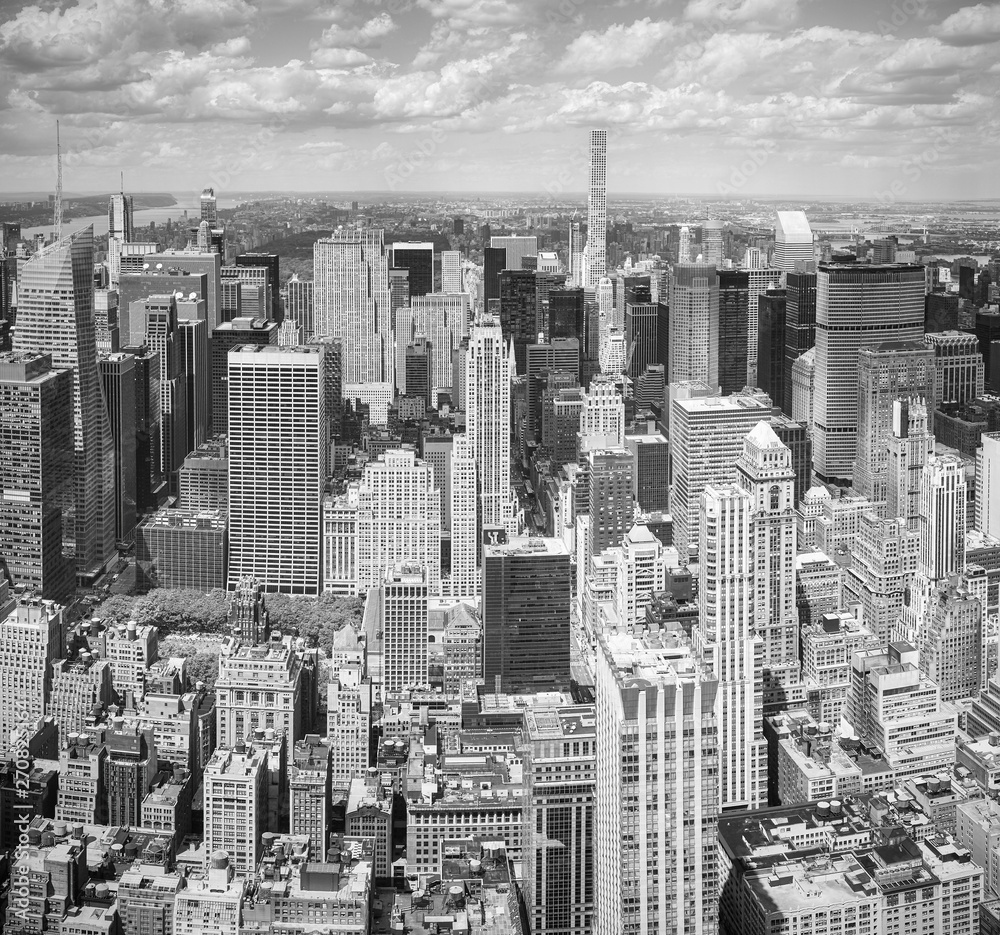 Black and white aerial view Manhattan, New York City, USA.