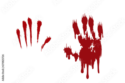 Bloody hand print set isolated white background. Horror scary blood handprint, fingerprint. Red palm, fingers, stain, splatter, streams. Symbol horror zombie, murder, violence. Vector illustration