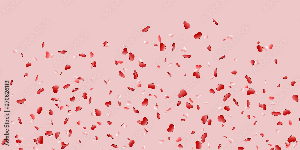 Heart falling confetti isolated pink background. Red fall hearts. Valentine day decoration. Love element design, hearts-shape confetti invitation wedding card, romantic holiday. Vector illustration
