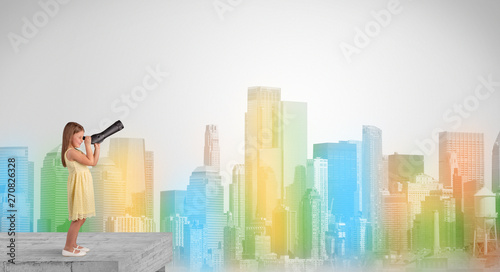 Kid looking through spyglass from the top of a building to a big colorful city 