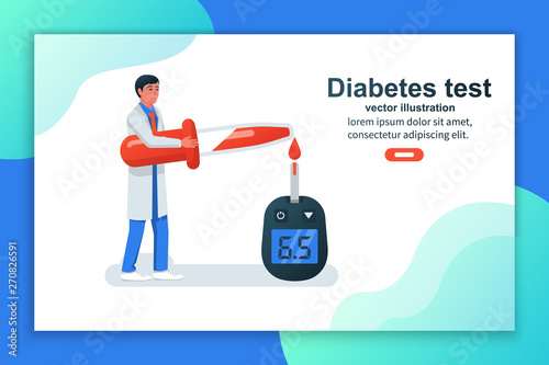 Diabetes concept. Blood test. Measuring sugar with glucometer. Healthcare landing page. Vector illustration flat style. Doctor with a large pipette performs a diagnosis. Template web design.