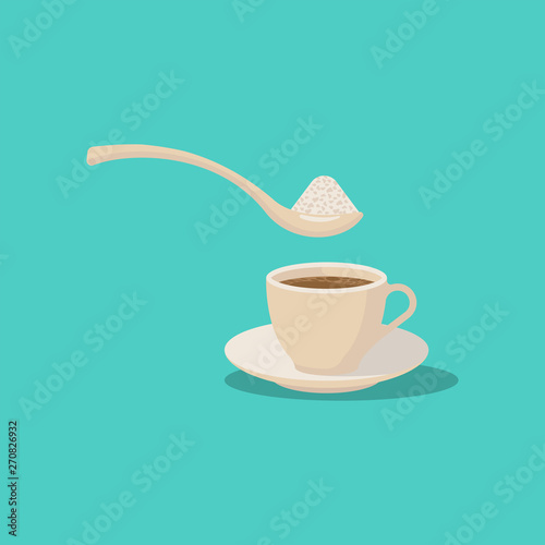 Sugar in coffee. Spoon with powdered sugar over a cup of hot coffee. Vector illustration flat design. Isolated on background. Cartoon style. Invigorating drink.