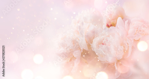 Fototapeta Naklejka Na Ścianę i Meble -  Beautiful pink peony bouquet art background. Blooming pastel peony or roses border flowers card design. Wedding backdrop, Valentine's Day concept