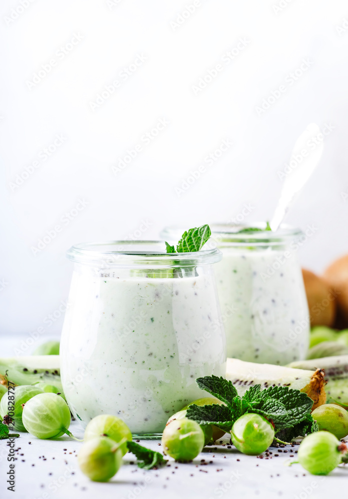 Gooseberry Kiwi Smoothie or Milkshake with Chia Seeds, Gray Table, Place for Text
