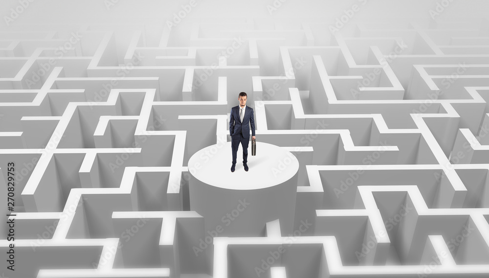 Businessman standing on the top a maze and looking through
Businessman standing on the top a maze and looking through