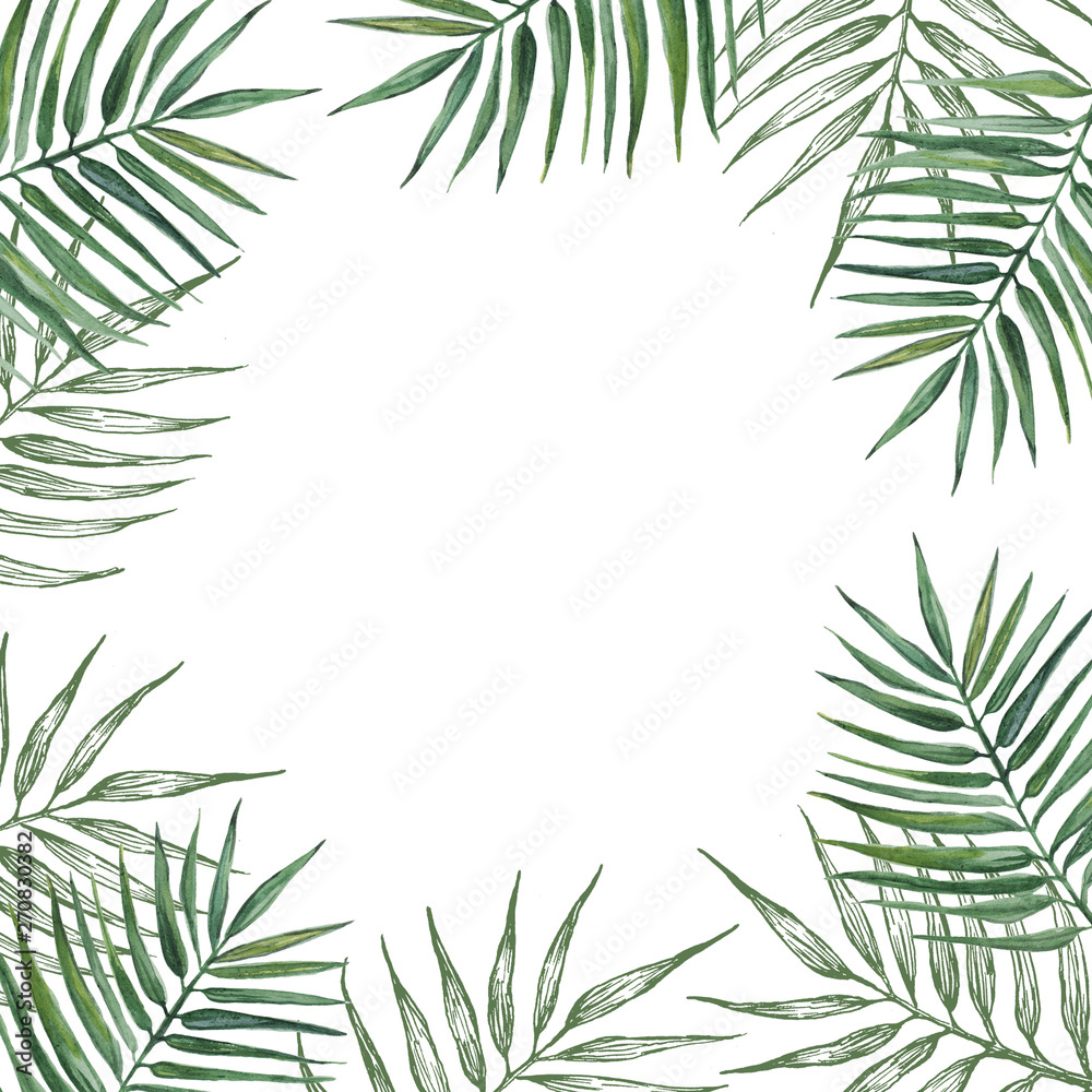 Frame with palms leaves. Watercolor illustration.