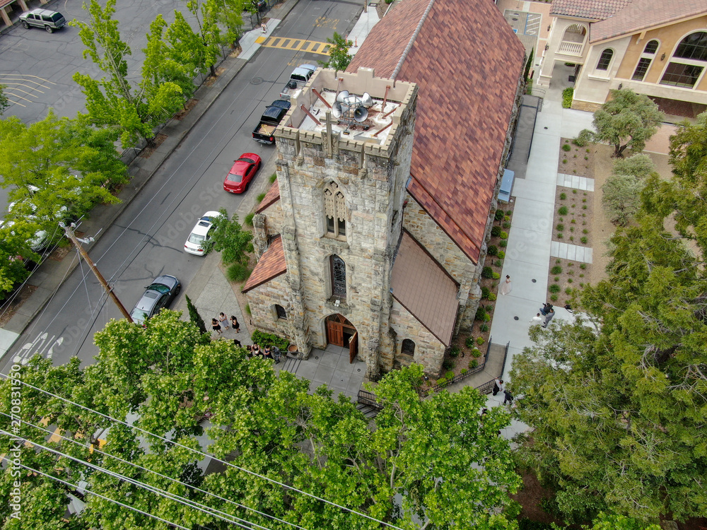 Aerial view of St. Helena Roman Catholic Church, historic church