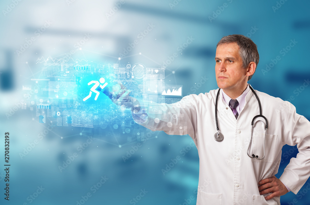 Doctor touching hologram screen displaying healthcare running symbols
Doctor touching hologram screen displaying healthcare running symbols