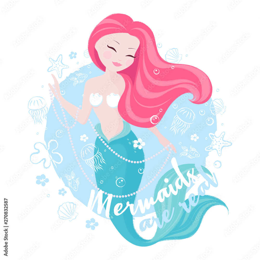 Popular pastel mermaid set. Happy and beautiful mermaid on blue background. Print for t shirts or kids fashion artworks, children books. Fashion illustration drawing in modern style.
