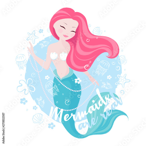Popular pastel mermaid set. Happy and beautiful mermaid on blue background. Print for t shirts or kids fashion artworks  children books. Fashion illustration drawing in modern style.