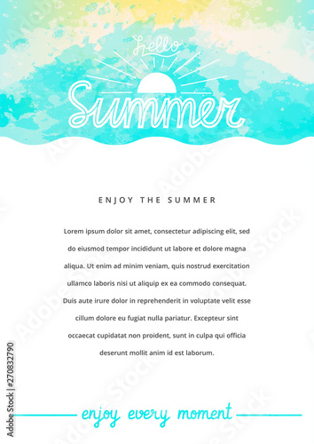 Abstract watercolor background. Hello Summer flyer with text. Marine background with abstract wave. Vector illustration