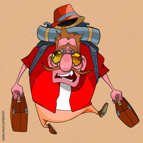 cartoon funny man walks with suitcases and a backpack