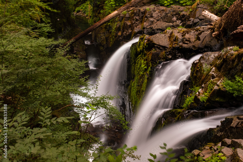 Naklejka premium The tumbling waters at Sol Duc Falls, Olympic National Park, Washington, USA, long exposure to create a blurred motion to the three fingers of the falls, nobody in the image