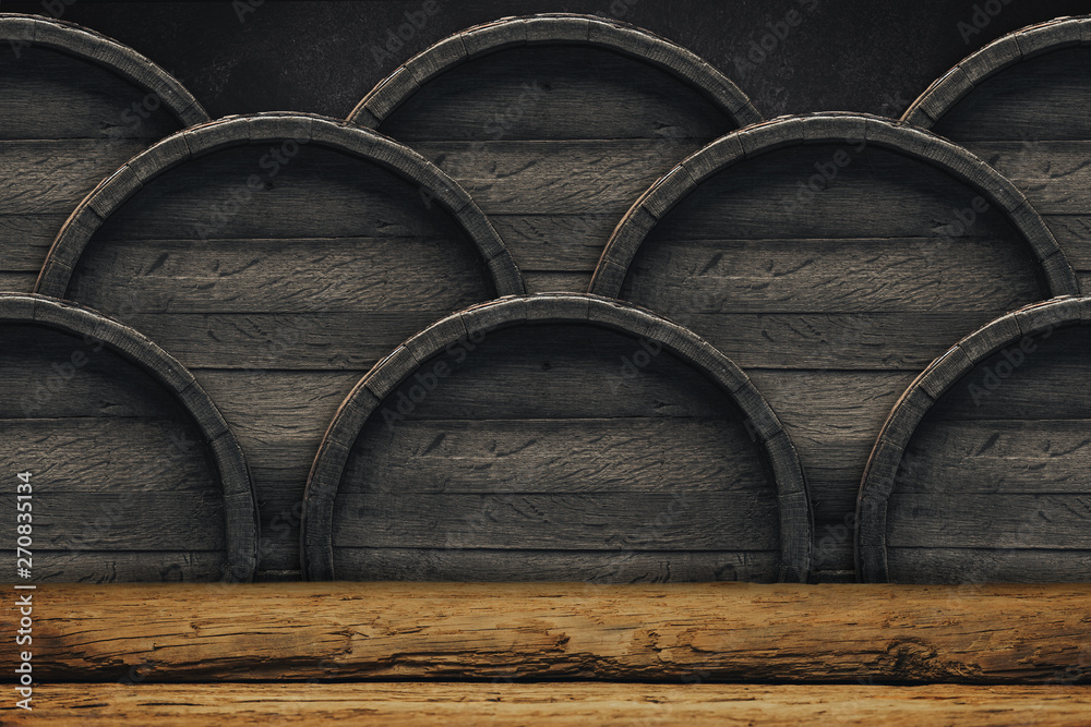 Wooden barrel background and worn old table of wood. Stock Photo