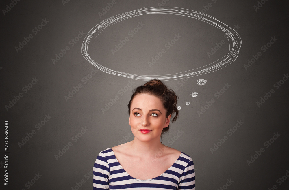 Pretty girl thinking with speech bubble above her head
Pretty girl thinking with speech bubble above her head