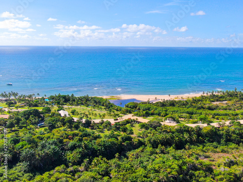 Wallpaper Mural Aerial view Praia do Forte, Bahia, Brazil.  Beach and  clear sea water with small waves and palm trees forest .Travel tropical concept Torontodigital.ca