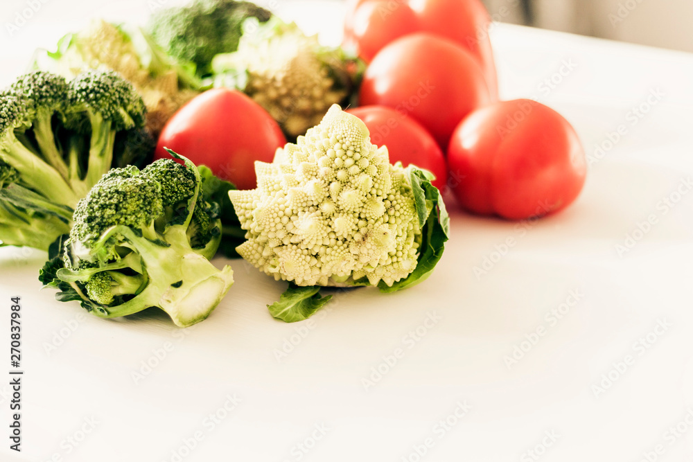 Vegetable variety on wooden white table. Selection of summer and autumn vegetables, space for text. Vegetable variety on wooden white table. Selection of summer and autumn vegetables, space for text.