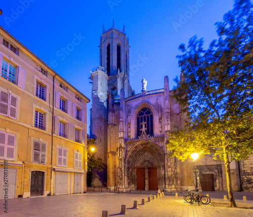 Aix-en-Provence. The facade of the old catholic cathedral at sunrise.