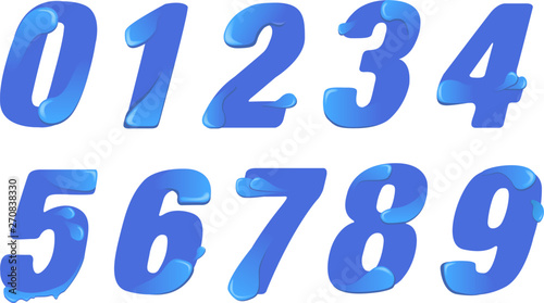 Vector water typeface of numbers, blue water font with drops