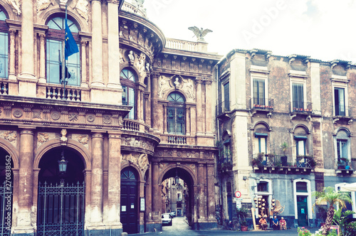 Teatro Bellini – facade of old theater building in Catania, Sicily, Italy. Traditional architecture .