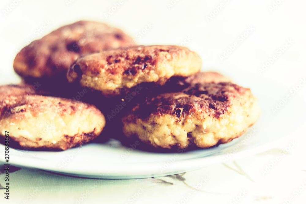 homemade fried minced meat cutlets on white plate, traditional Ukrainian dish . homemade fried minced meat cutlets on white plate, traditional Ukrainian dish .