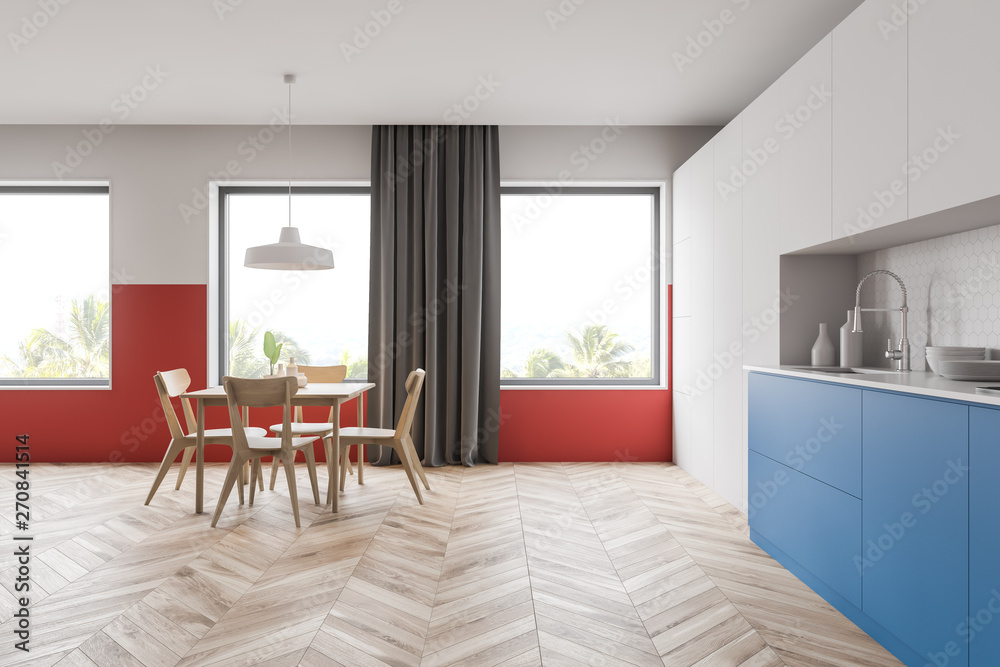 Fototapeta premium Modern white and red kitchen interior