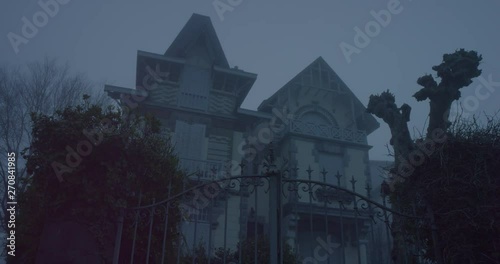 Establishing shot with tilt up of a haunted house in a foggy halloween atmosphere with an imposing old gate and a dead tree and green nature on the sides. Bluish image. Shot on RED EPIC DRAGON 6K.