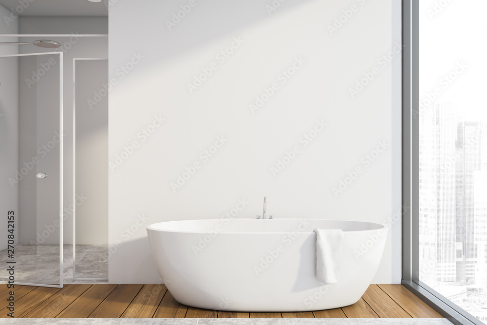 White bathroom interior, tub and shower White bathroom interior, tub and shower