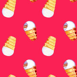 Seamless pattern ice cream watercolor summer set. Hand drawn watercolor bitten ice cream in a waffle cup with a layer of berry jam on pink background