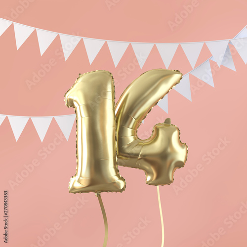 Happy 14th birthday party celebration gold balloon and bunting. 3D Render