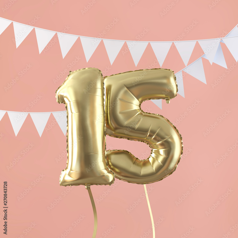 Happy 15th birthday party celebration gold balloon and bunting. 3D Render