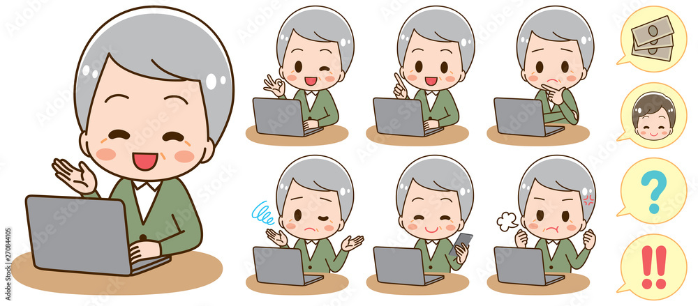 Illustration of a senior man using a personal computer Illustration of a senior man using a personal computer