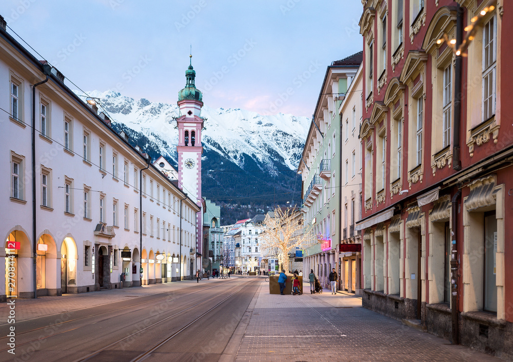 INNSBRUCK, AUSTRIA - CIRCA 2017: Street view of the city and church tower circa 2017, in Innsbruck.