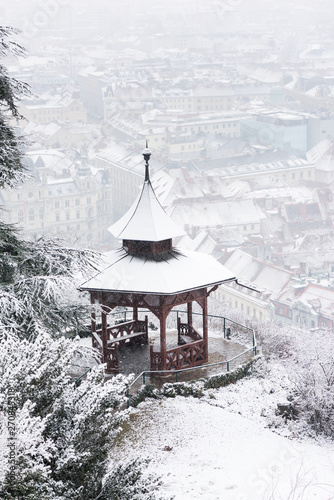 Street view of Graz at snowfall in Austria.