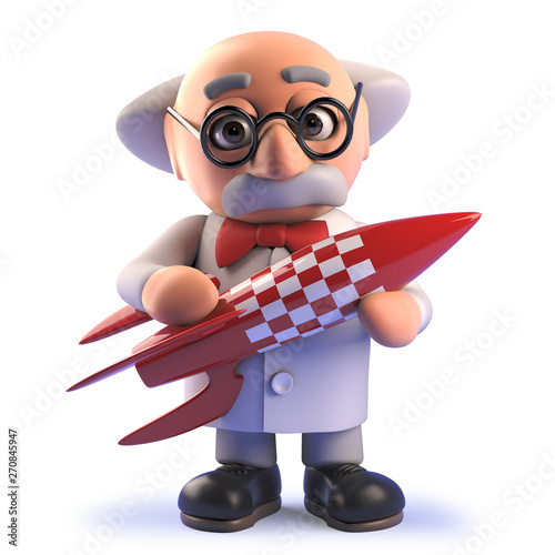 Canvastavla Cartoon crazy mad scientist character in 3d holding a retro spaceship rocket
