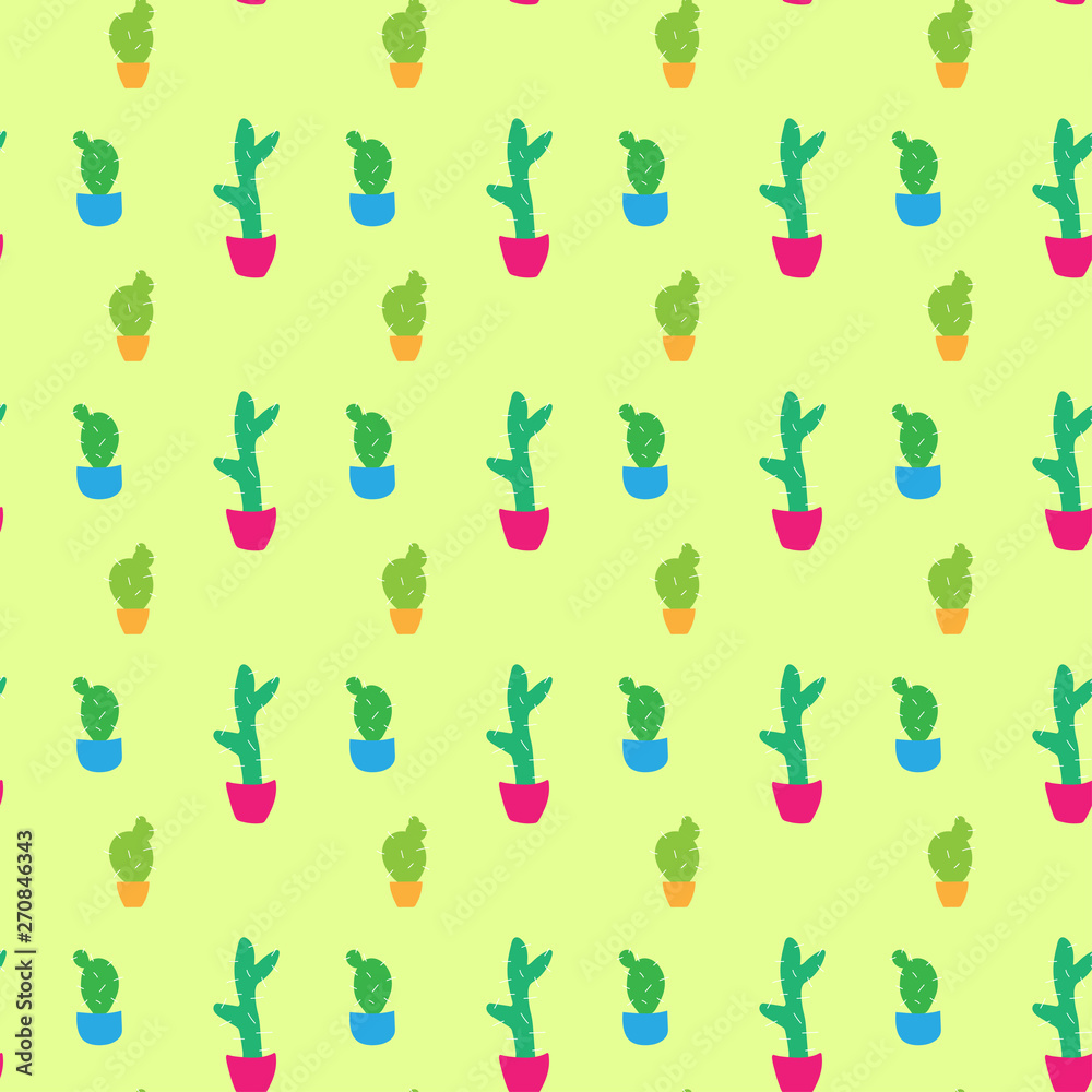 Seamless pattern with various cacti and pastel yellow background.